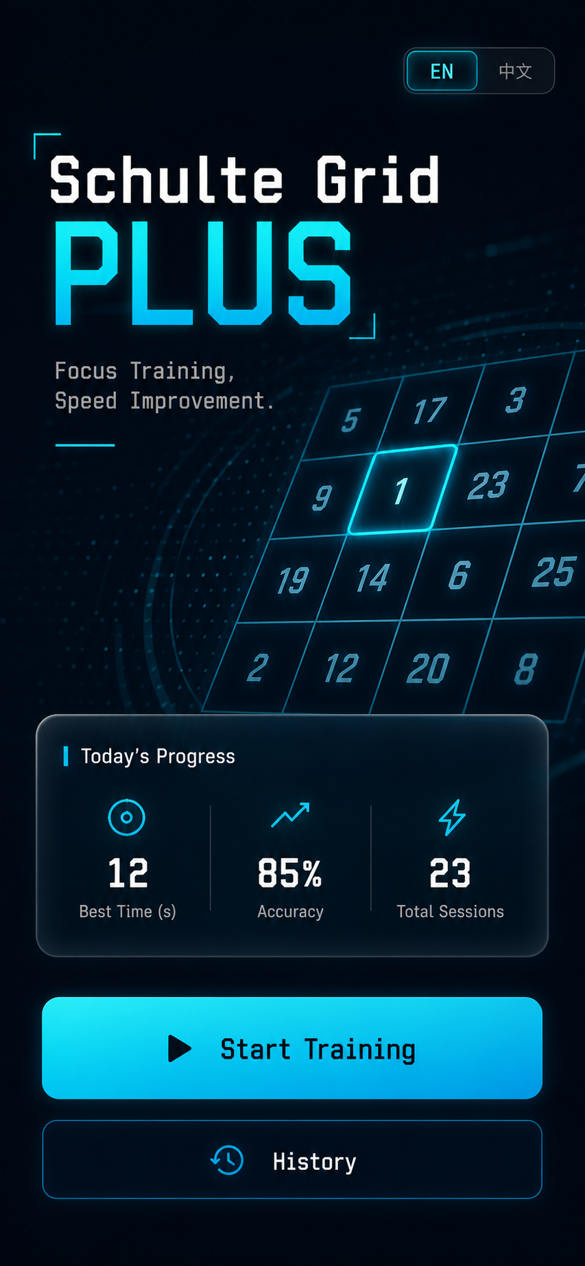 Home screen showing today's progress, best time, accuracy and a Start Training button