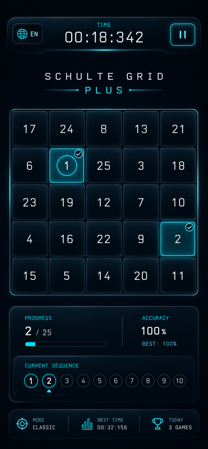Active 5x5 classic game with timer, progress, accuracy and current sequence